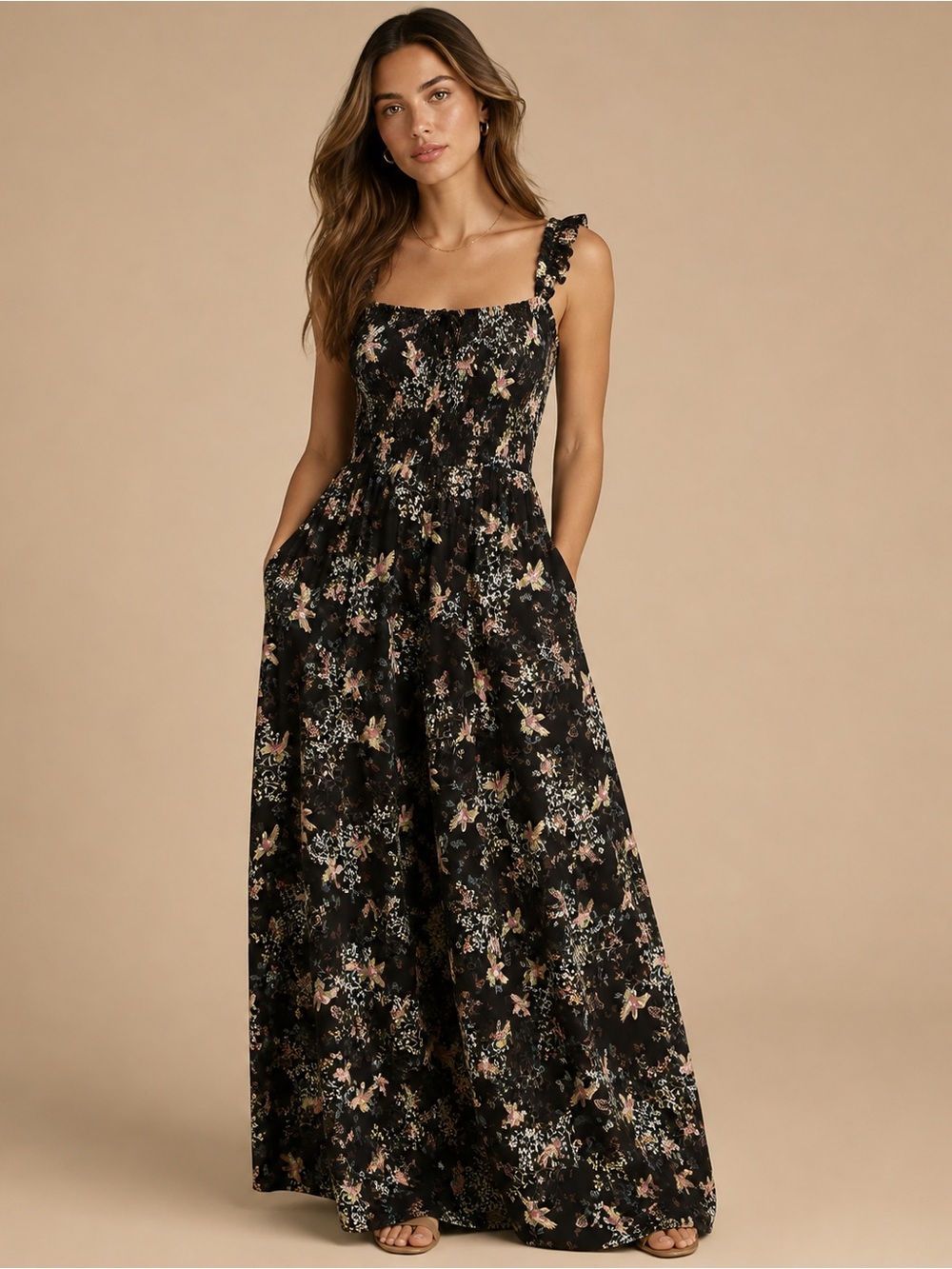 Glamorous Black Floral Maxi Dress with Pink and Cream Accents